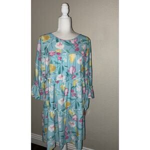 Maison Tara Dress Large Blue Floral Ruffle Dress Tiered Baby Doll New